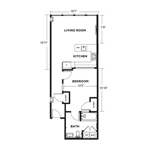A drawing of a house floor plan with a living room, kitchen, bedroom and bathroom. at The Washington at Chatham, Pittsburgh, 15219